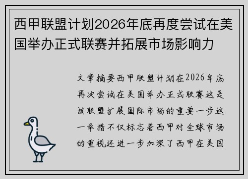 西甲联盟计划2026年底再度尝试在美国举办正式联赛并拓展市场影响力